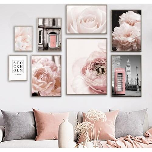 Paris Big Ben Call Box Rose Peony Flower Pink Canvas Painting Nordic Posters Prints Wall Art Pictures For Living Room Home Decor