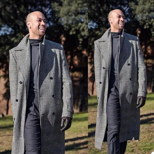 Classic Men Woolen Tuxedos Custom Made Double Breasted Long Check Blazer Metro Smart Casual Streetwear Daily Party Coat 1 Piece