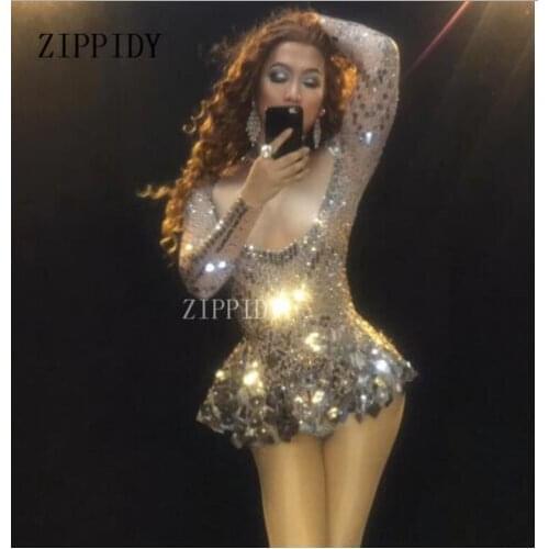 Fashion Sexy Shining Silver Mirrors Stone Dress Female Singer Dancer Bright Bodysuit Costume Nightclub Dress Party Dresses