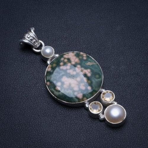 Natural Ocean Jasper,Citrine and River Pearl Handmade Boho 925 Sterling Silver Pendant 2 1/4" U0194