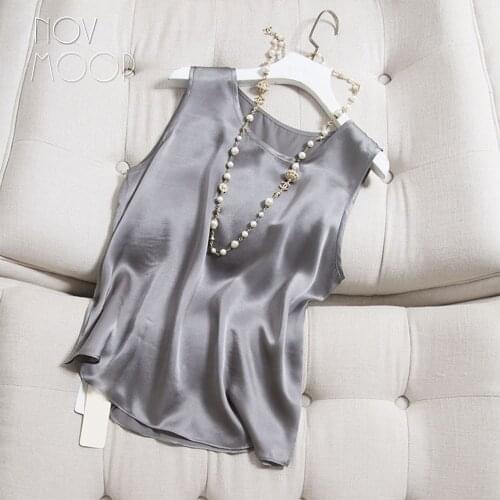Novmoop Korean casual and loose style 100% silk tops women summer multi-color bottoming sleeveless vest vetement femme LT3102