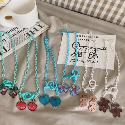 Origin Summer Funny Cute Apple Bear Flower Pendant Necklace for Women Girls Multicolor Arcylic Butterfly Necklace Jewellery