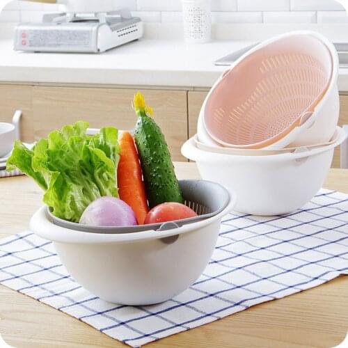 Plastic Vegetable Fruit Rice Washing Double Drain Strainer Basket Bowl Kitchen
