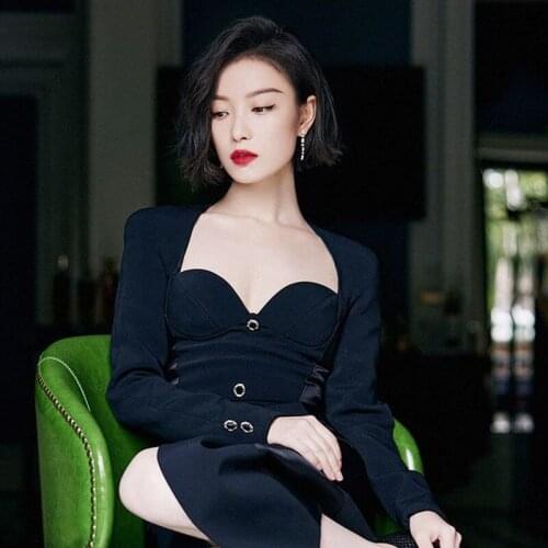 2021 Spring Autumn Female French Fashion New Sexy V-neck Long Sleeve Annual Party Dress Black Slit Midi Dresses for Women Y767