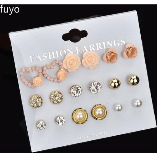 9 Pairs/Set Elegant Womens Pearl Flower Crystal Studs Earrings Set Girls Rose Flower Heart on Ear Earrings kit Jewelry brincos