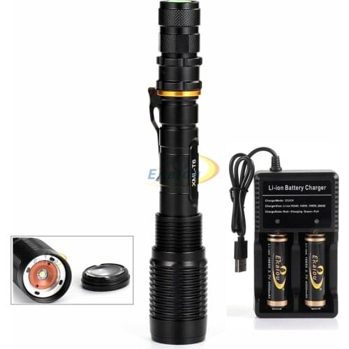 LED torch flashlight XM-L T6 1000 LM 5 Mode Zoomable flashlight Clip lamp tactical flashlight +18650 Battery and USB Charger KIT