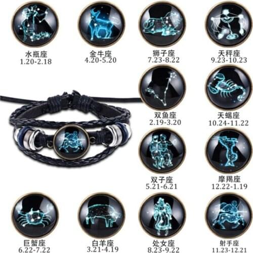 12 Constellation Luminous Bracelet Woman Men Leather Bracelet Charms Bracelets Aries Leo Cancer Virgo Scorpio Libra Jewelry Gift