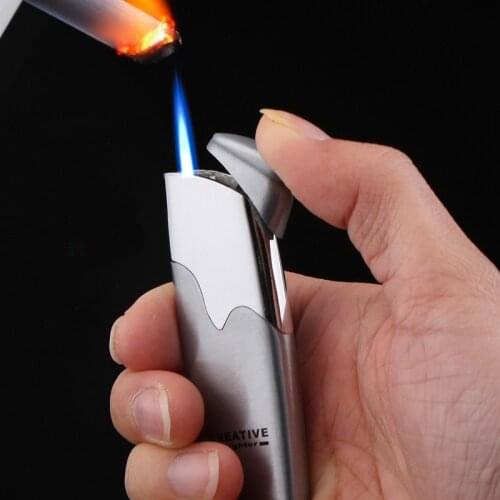 Ultra Thin Metal Torch Jet Lighter Turbo Butane Gas Cigar Pipe Lighter Windproof Long Stripe Straight Fire Welding Cigarettes Lighter New Ultralight Mens Gift Adjustable Flame Size Outdoor Inflatable Lighter 1300 C