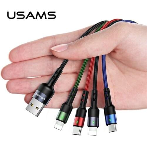 USAMS 4 in 1 Multi usb charging cable for iPhone 8 Samsung huawei xiaomi phone charger For lightning micro usb type c cable LED