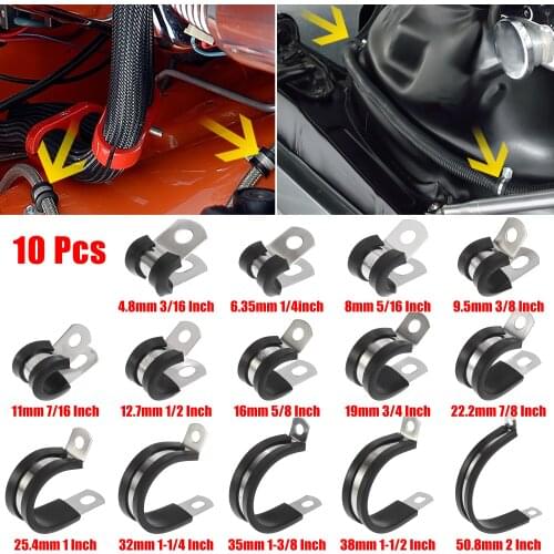 Uxcell 10pcs R Shape Automotive 304 Stainless Steel Cable Clamp Rubber Cushioned Metal Clamp Fastener for Tube Pipe Wire Ins