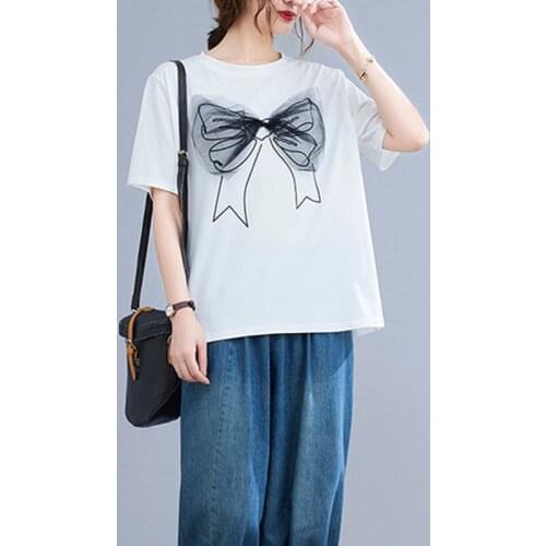 Japan Style Print Bow Pure Cotton Sweet Girls White Chic Summer T Shirts Loose Tops 2021 New Women Casual Summer T Shirt Tees