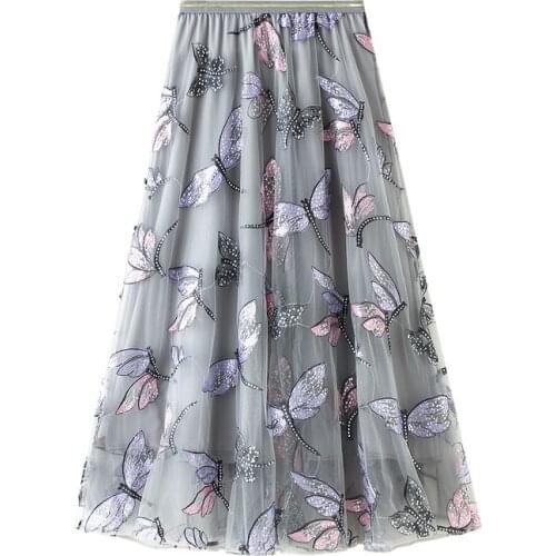 Comelsexy New 2020 Spring Autumn Dragonfly Embroidery Tulle Women Long Skirts High Waist Chic A-Line Umbrella Mesh Skirt Female