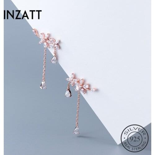INZATT Real 925 Sterling Silver Flower Zircon Waterdrop Dangle Drop Earrings For Women Elegant Tassel Fashion Jewelry Rose Gold