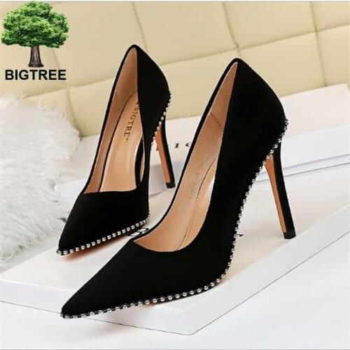 Women Pumps Suede Female High Heels Black Slingbacks Women Shoes String Bead Female Pointed Toe Wedding Shoes Party Pumps