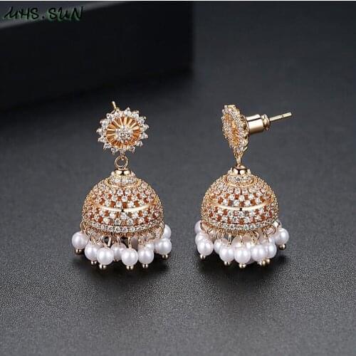 MHS.SUN Bohemia Tassel Round Pearl Drop Dangle Earrings Women CZ Zircon Jewelry Rose Gold Crystal Earrings Party Bijoux Gift