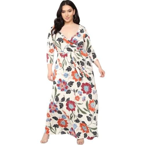 2020 Summer Women Floral Print Long Dress Bohemian Plus Size Holiday Beach Sundress Party Deep V Neck 3/4 Sleeve Maxi Dresses