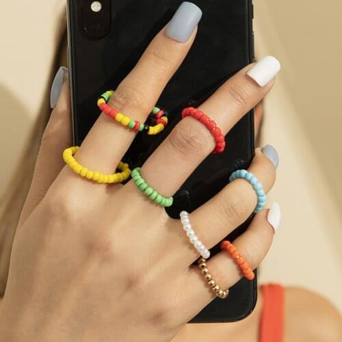 Bohemian 8 Pcs Creative Handmade Beaded Finger Ring Set For Women Fashion Korea Sweet Knuckle Jewelry Accessories 2021