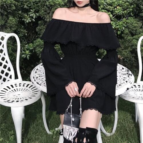 Gothic Women Fashion Off Shoulder Black Long Sleeve Elegant Office Lady Date Night Dresses A-Line Cool Girls Female Dress