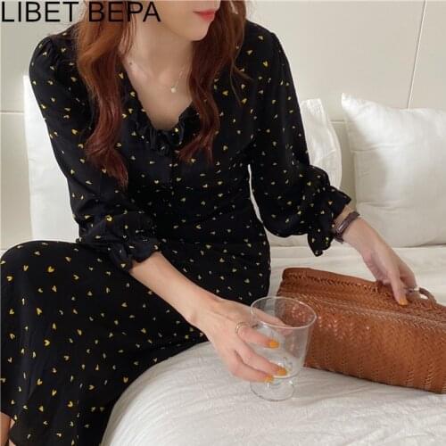 2020 New Women Autumn Winter Dresses V-Neck Three Quarter Korean Style Floral High Waist Vintage Lady Oversize Long Dress DR9053