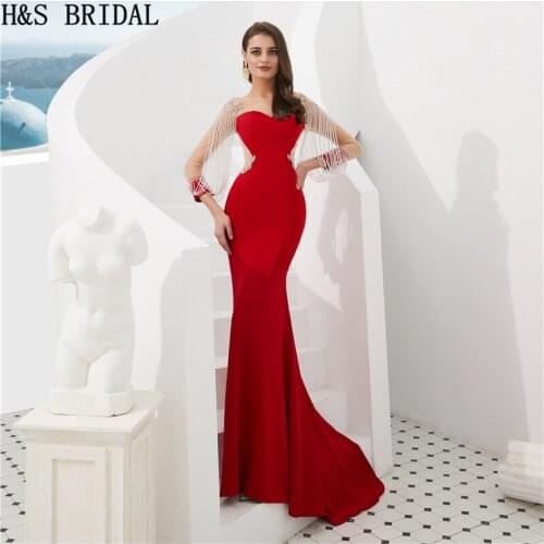 H&S Bridal Evening Dresses Long Sleeve Red Mermaid Formal Dress for Women 2020 Crystals vestido de festa