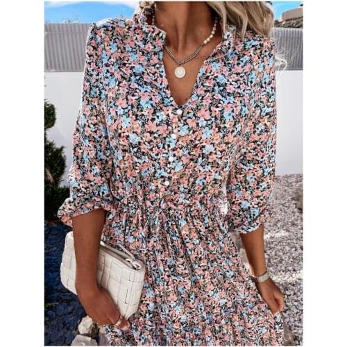 2021 Summer Women Vintage Dress High Waist Ruffle Lady Casual Dress Sexy V-Neck Elegant Floral Printed Puff Sleeve Female Dress