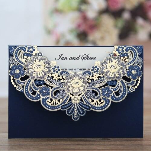 100pcs New Arrival Horizontal Laser Cut Wedding Invitation with Gold Hollow Flora Favors,Customizable