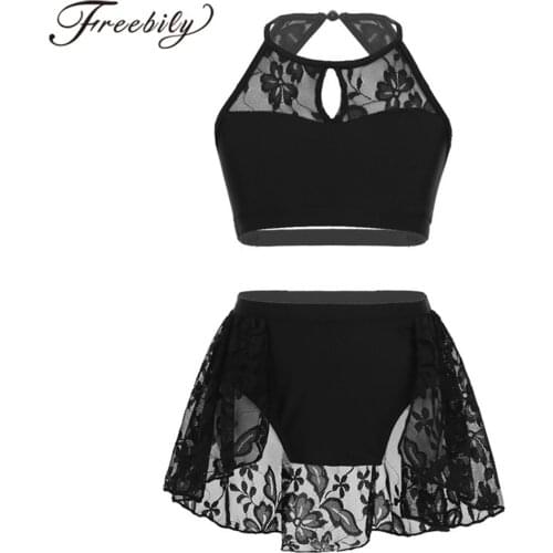 2PCS Kids Girls Lace Splice Crop Top with Tutu Skirt Ballet Leotard Latin Jazz Modern Dance Dress Dancing Costumes Set Dancewear
