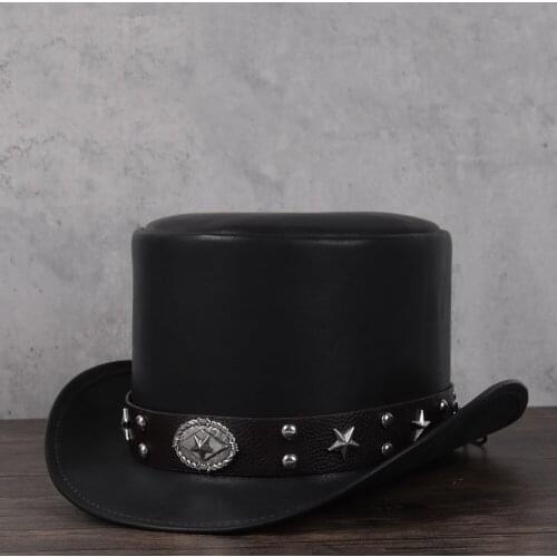 3 Size 100% Leather Top Hat Women men President Flat Fedoras Hat Magic Steampunk Cosplay Party Caps Dropshiping
