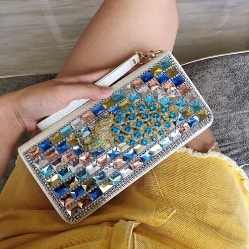 CAJIFUCO Luxury Crystal Women Wallet Rhinestone Peacock Style Genuine Leather Coin Pouch Colours Diamond Wallet Phone Clutches