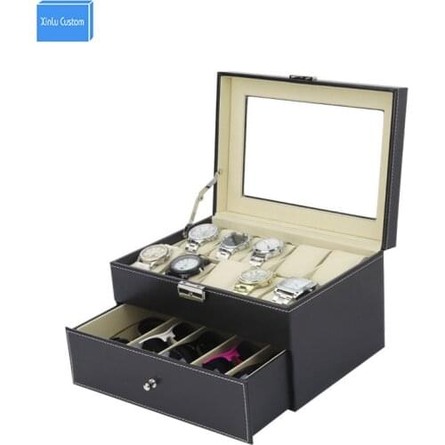 Black Sew Pu Leather Store 2 Layer Display Collect Case with Drawer Watches Box 10 Slots Storage Grids 5 Sunglasses Storage Box