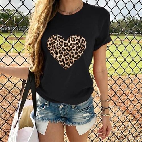 T Shirt Leopard Heart Print Women Valentines Day Casual Short Sleeve Tshirt O Neck Heart-shaped Pullover Tops Tee Shirts Mujer