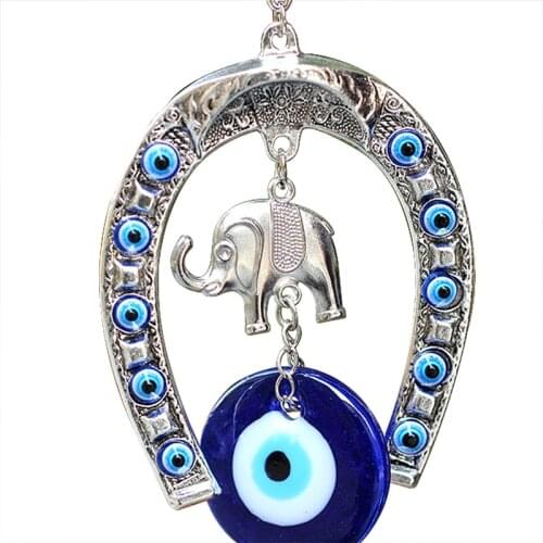 Blue Eye Horseshoe with Elephant and Ribbon Wall Hanging Amulet Ethnic Lucky Pendants Home Decorations New 13cm * 6.5cm