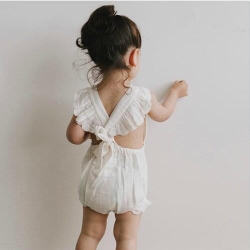 Cotton Baby Girl Clothes Summer New Fashion Kids Ruffle Rompers Jumpsuit Infant Baby Backless Lace Up Petal Sleeve Bodysuit