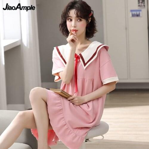 Summer Women Nightdress 2021 New Cute Pure Color Cotton Pajamas Girls Thin Loose Short Sleeve Sleepwear Sexy Lingerie Nightgown