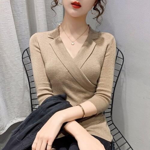 2021 New Spring Autumn Womens Knitted Sweater Suit Collar Three-quarter Sleeve Thin Sweater Womens Summer Bottoming Top aq668