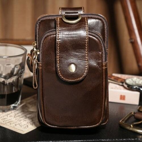 Riñonera de piel auténtica para hombre, bolso para teléfono, Vintage, con gancho, para viaje