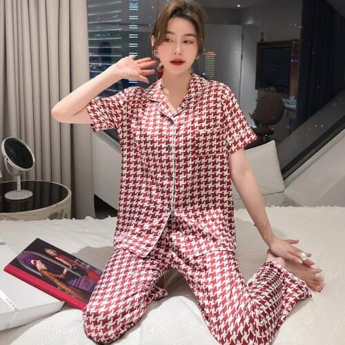 Summer Women Print Pajamas Two-piece Nightwear Set Short Sleeve Top and pants Ladies Homewear