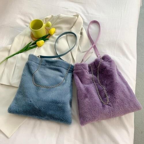 Fashion Womens Bag Plush Solid Color Soft Crossbody Shoulder Bag Ladies Autumn Winter Chain Large Capacity Shopper Tote Handbag