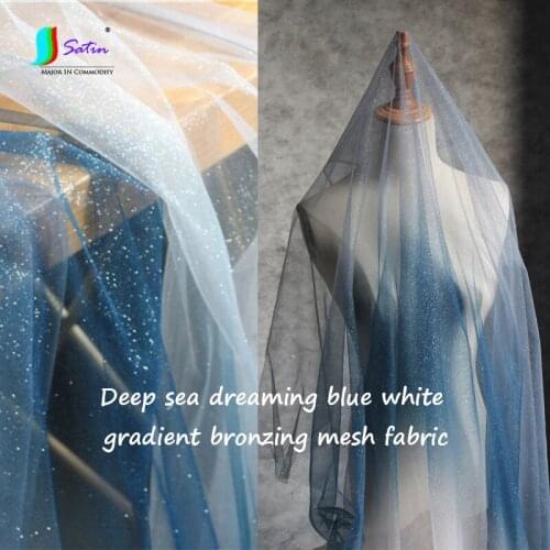 Deep Sea Blue White Gradient Bronzing Mesh Fabric Perspective Light Sprinkling Gold Creative Dress Fashion Design Fabric A0324F