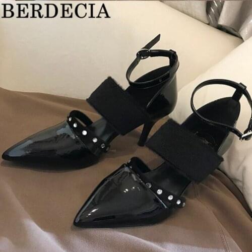 Shoes Women Pumps 2021 New Style Patent Leather Flock Black Hollow Crystal Womens Shoes Buckle High Heels Sandals Summer