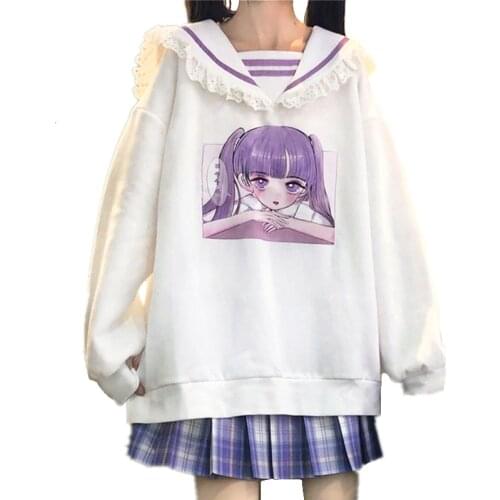 2021 Spring Japanese JK Style Hoody Harajuku Women Lace Edge Sailor Collar Cartoon Print Puff Sleeve Kawaii Pullover Sweatshirt