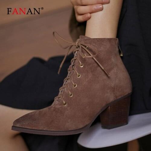 FANAN Genuine Leather Ankle Boots Women Pointed Toe Lace Up High Heel Boots Woman Fashion Western Boots Female Shoes in Winter