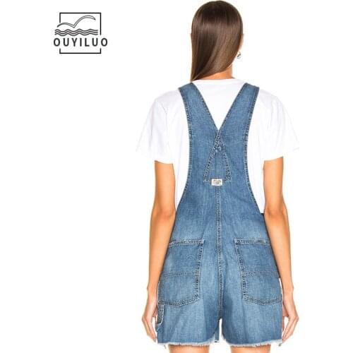 Women Jeans 2021 Suspender Pants White Blue Ripped Burr Denim Shorts Fashion Suspenders Jumpsuit