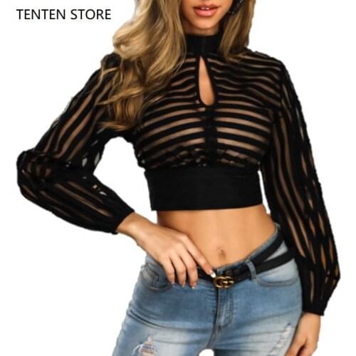 Backless crew neck short shirts womens long sleeves sexy black stripe hollow slim blouse pullovers casual jumper spring summer