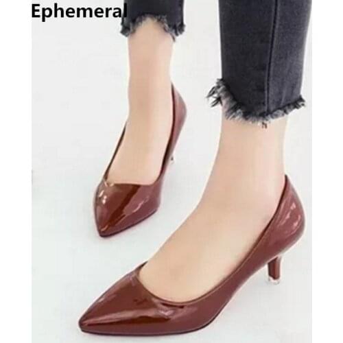 Women High Quality Patent Leather Office Ladies Pumps Stilettos Shallow Mouth Brown Green Plus Size 42 34 Cheap 2018 New Fashion