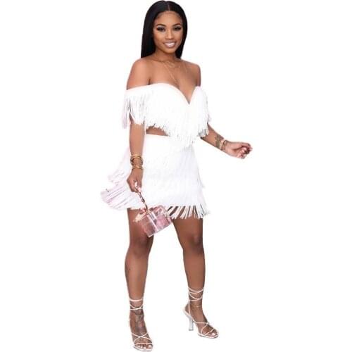 Summer White Sexy Skirt Set Women Off The Shoulder V-neck Tassel Crop Top Mini Skirt Suit Evening Party Outfit Club 2 Piece Sets