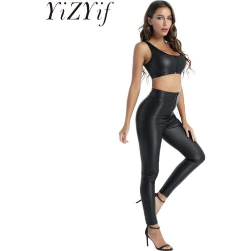Womens Pole Dance Pants Set Scoop Neck Sexy Clubwear Rave Costume Cropped Tank Top with Zipper Crotch High Waist Skinny Pants