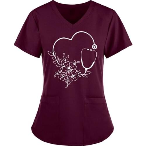 S-5XL 6Colors Floral Love Print V-neck Short Sleeve Nurse Uniform Tops With Pocket Women Work Overalls