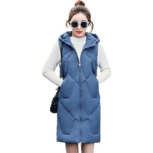 Plus Size Women Vest Winter Jacket Pocket Hooded Coat Warm Casual Cotton Padded Vest Female Long Slim Sleeveless Waistcoat