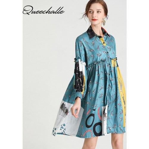 Ruffles Patchwork A-line Dress Women 2021 Spring Autumn Dress Streetwear Vintage Print Turn-down Collar Long Sleeve Mini Dress